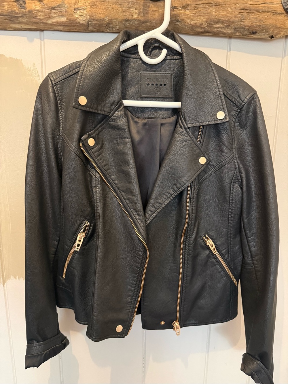 Women’s Black Faux Leather Moto Jacket with Gold/Rose Gold Hardware